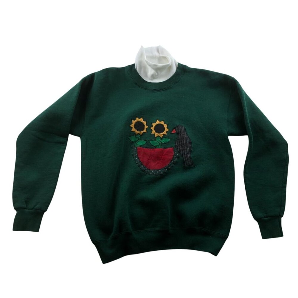Vintage Lee Women's Art Sweatshirt Large Pullover Floral Applique Green Knit Y2K